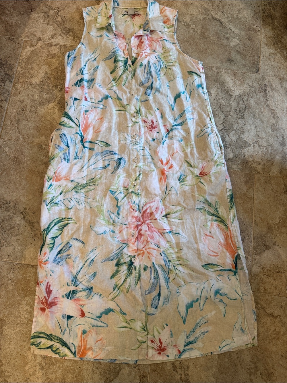 Womans Tommy Bahama linen sleeveless   Floral tunic midi dress size XS buttons